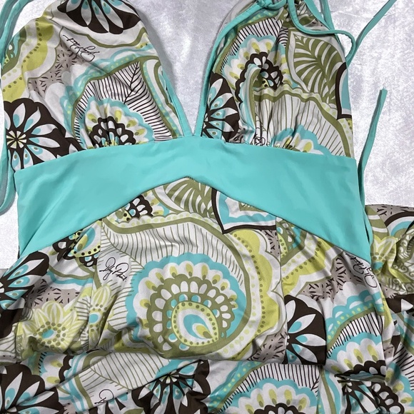 Baby Phat Halter Dress L Boho Floral Print Aqua Brown Asymmetrical Hem Y2K Retro - Picture 13 of 14